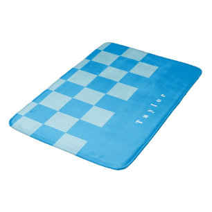 Dark and light blue square blocks pattern bath mat