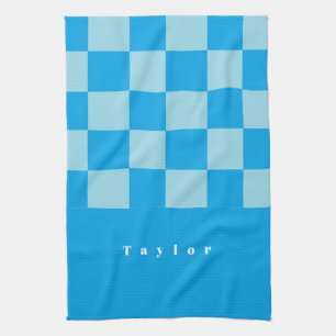 Dark and light blue square blocks pattern tea towel