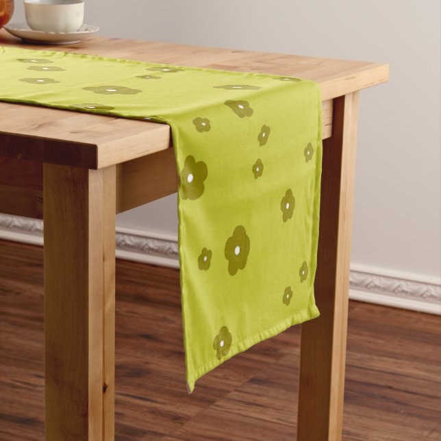 Dark and light olive green flowers short table runner (In Situ)