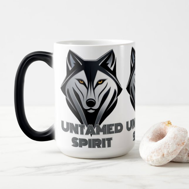 Dark and Minimalist Wolf Design with Sleek Lines Magic Mug (With Donut)