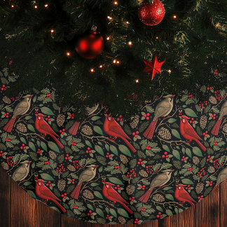 Dark and Moody Christmas Cardinals Faux Linen Tree Skirt