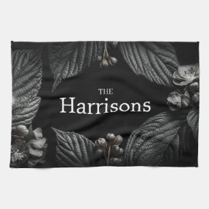 Dark and Moody Floral Frame with Custom Name Tea Towel