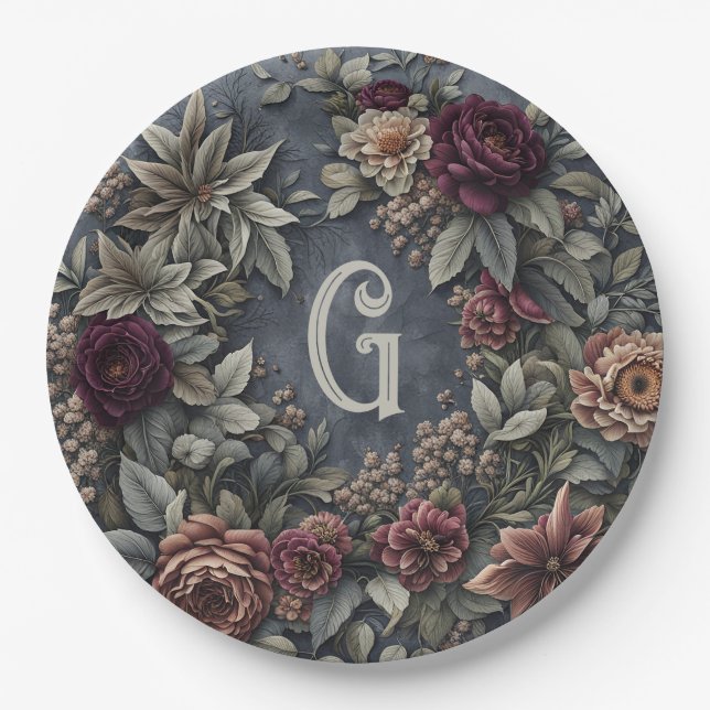 Dark and Moody Floral Paper Plate (Front)