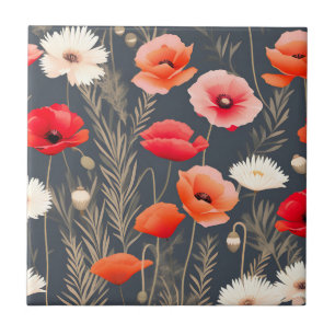 Dark and Moody Floral Poppies Ceramic Tile