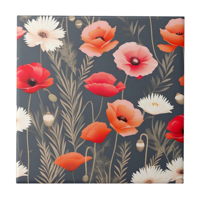 Dark and Moody Floral Poppies Ceramic Tile (Front)