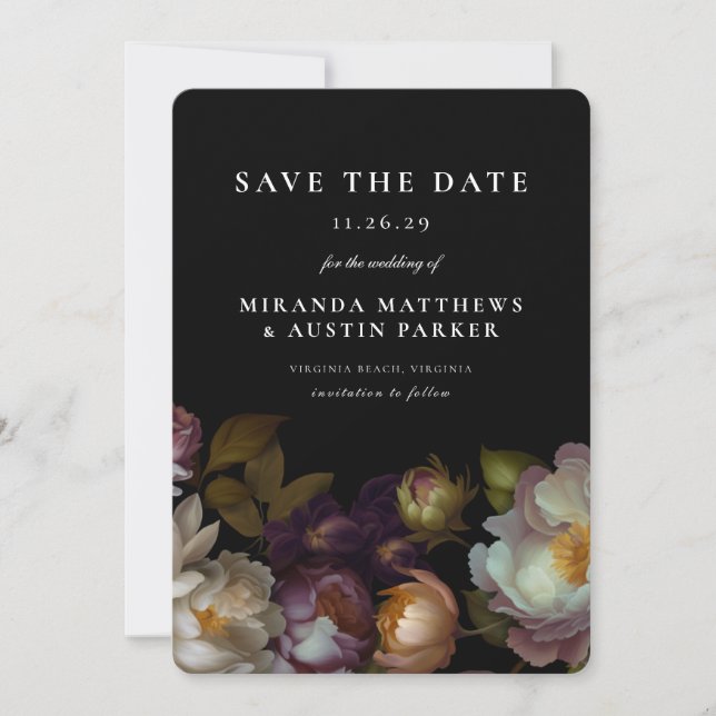 Dark and Moody Gothic Dark Floral Black Save the  Invitation (Front)
