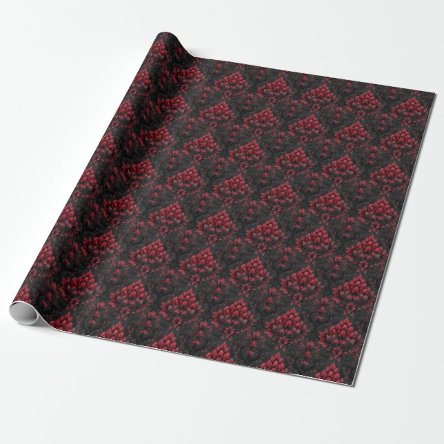 Dark and Moody Red & Black Damask on Black Wrapping Paper (Unrolled)