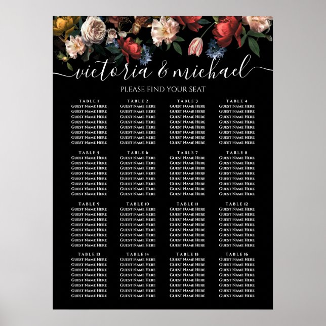Dark and Moody Rembrandt Floral Seating Chart 16   (Front)