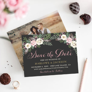 Dark and Moody Rose Pink Floral Boho Wedding Save The Date