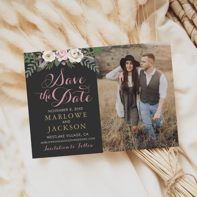 Dark and Moody Rose Pink Floral Boho Wedding Save The Date (Creator Uploaded)