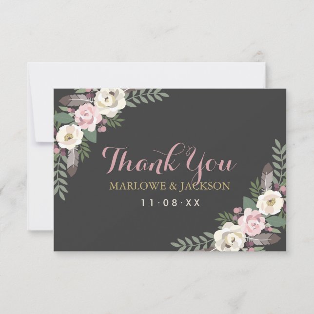 Dark and Moody Rose Pink Floral Boho Wedding Thank You Card (Front)