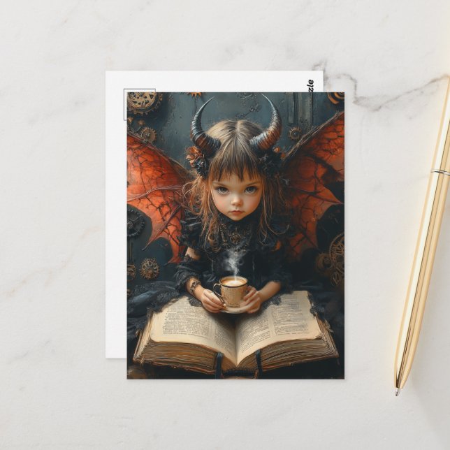 Dark Angel With Coffee and a Book Postcard (Front/Back In Situ)
