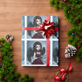 Dark Angel Woman Black Feather Wings Wrapping Paper