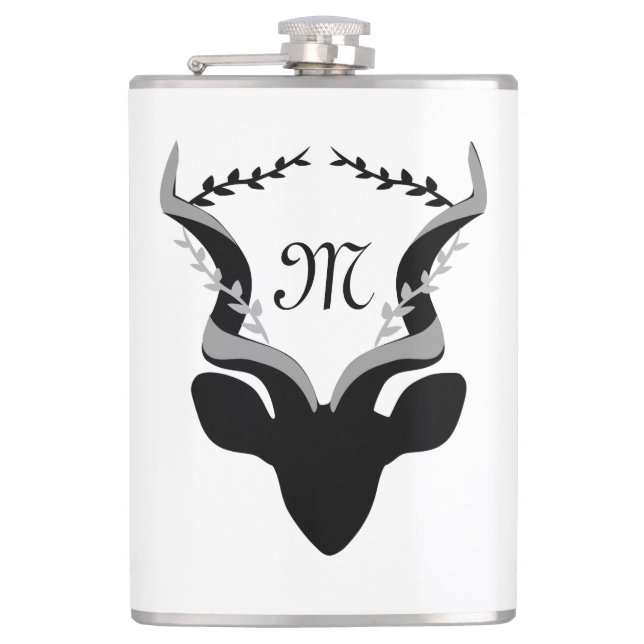 Dark Antelope Silhouette w Customised Monogram Hip Flask (Front)