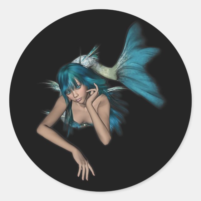 Dark Aqua Blue 3D Mermaid Classic Round Sticker (Front)