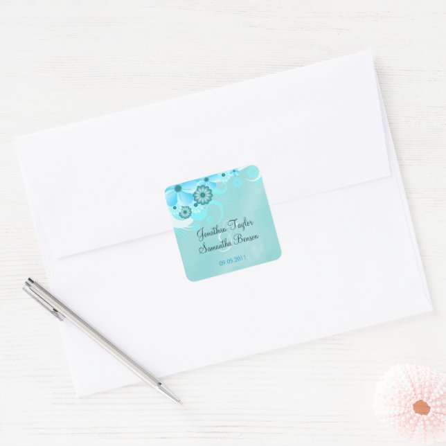 Dark Aqua Blue Floral Save The Date Favour Sticker (Envelope)