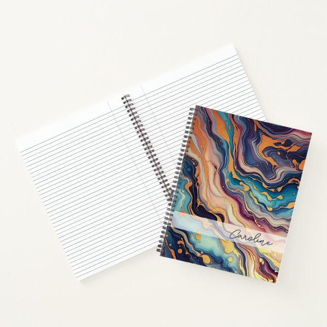 Dark Aqua Blue Purple Pink Gold Marble Art Pattern Notebook (Inside)