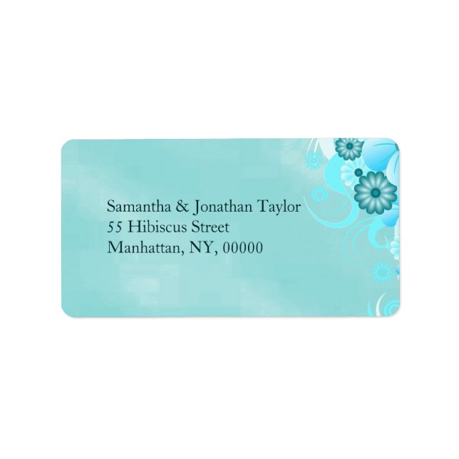 Dark Aqua Deep Sea Blue Floral Hibiscus Wedding Label (Front)