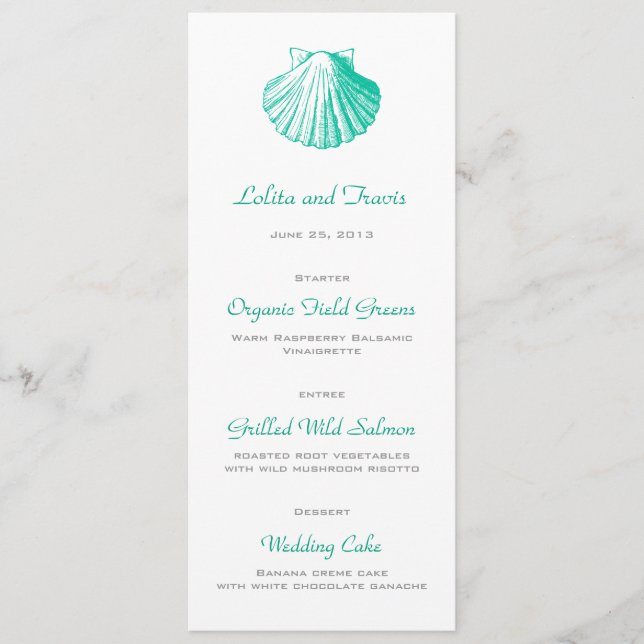 Dark Aqua Sea Shell Wedding Menu Card (Front)