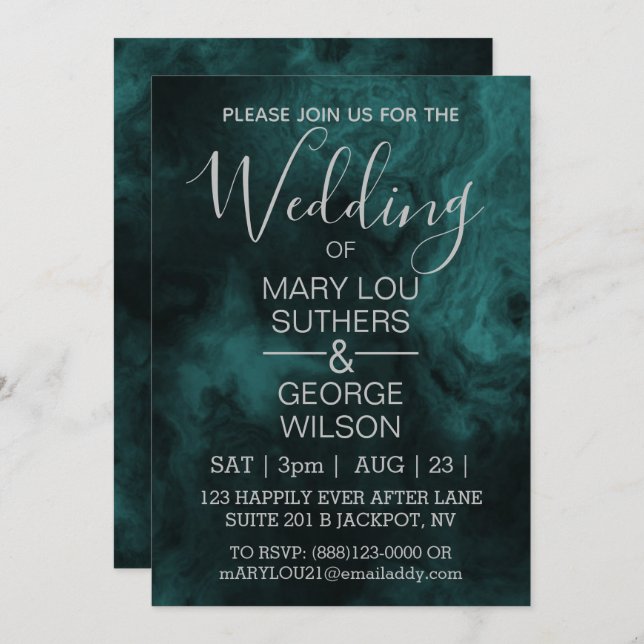 Dark Aqua Smoked Marble Wedding Invitation (Front/Back)
