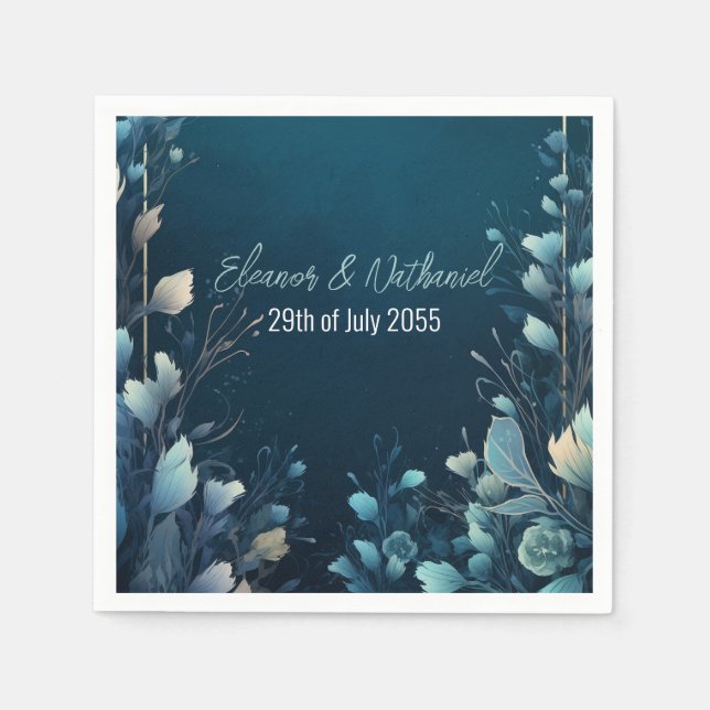 Dark Aquamarine and Teal Blue Floral Wedding Napkin (Front)