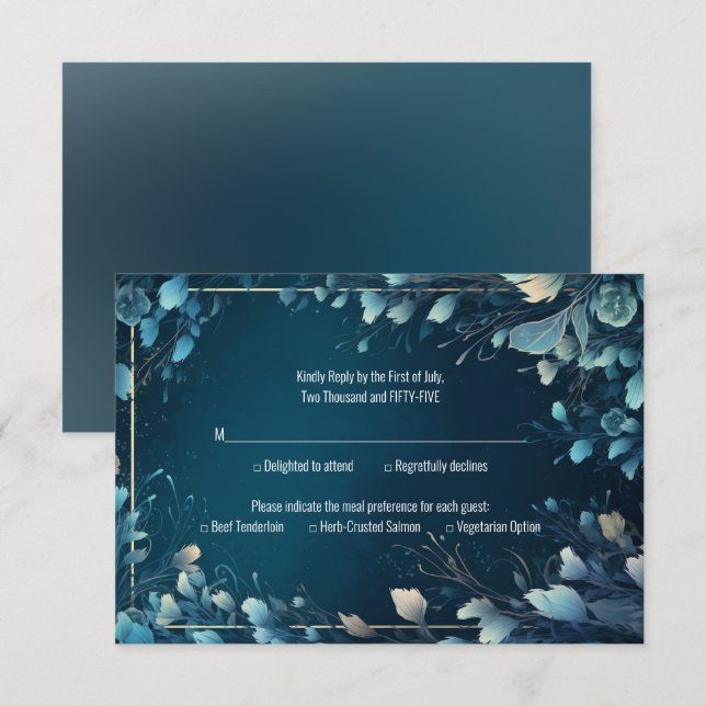 Dark Aquamarine and Teal Blue Floral Wedding RSVP Card (Front/Back)