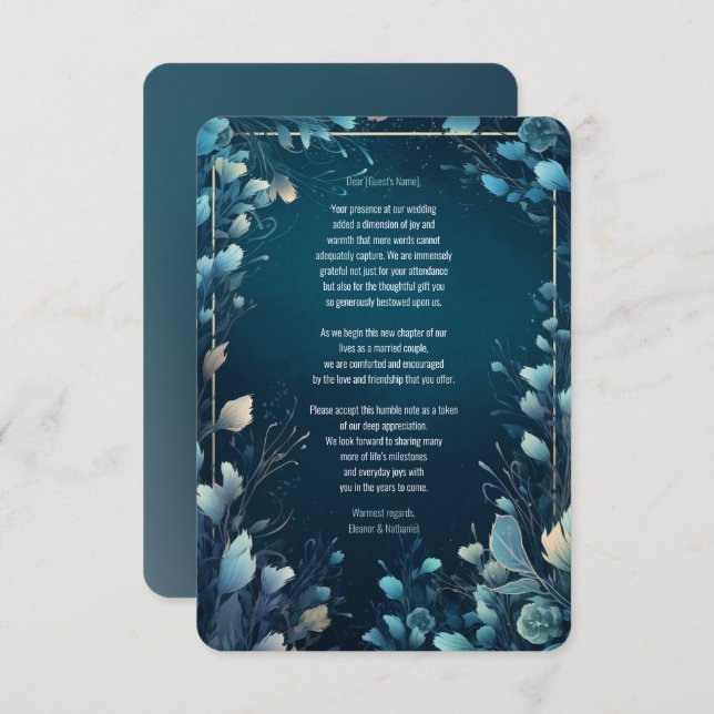 Dark Aquamarine and Teal Blue Floral Wedding Thank You Card (Front/Back)