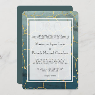 Dark Aquamarine Goldvein Modern Wedding Invitation