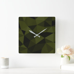 Dark army green black geometric mesh pattern cool  square wall clock