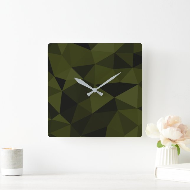 Dark army green black geometric mesh pattern cool  square wall clock (Home)