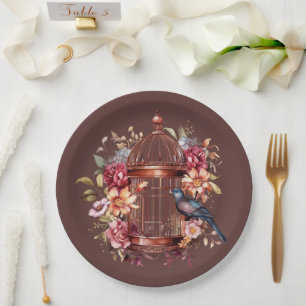 Dark Auburn Brown Pink Blue Birdcage Shower Paper Plate
