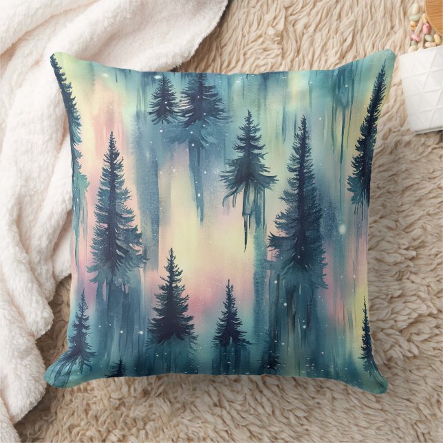 Dark Aurora Borealis Night Forest (10) Cushion (Blanket)