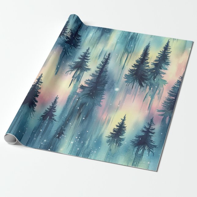 Dark Aurora Borealis Night Forest (10) Wrapping Paper (Unrolled)