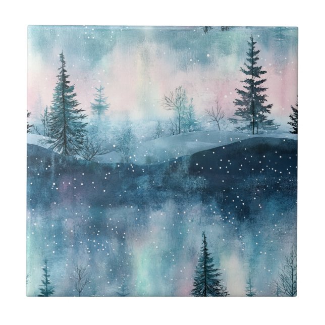 Dark Aurora Borealis Night Forest (1) Ceramic Tile (Front)