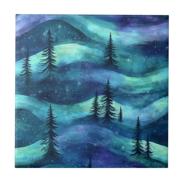 Dark Aurora Borealis Night Forest (9) Ceramic Tile (Front)