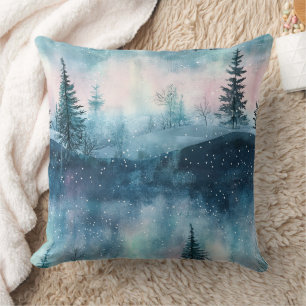 Dark Aurora Borealis Night Forest Cushion