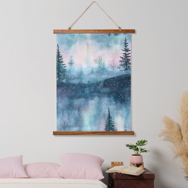Dark Aurora Borealis Night Forest Hanging Tapestry (Bedroom)