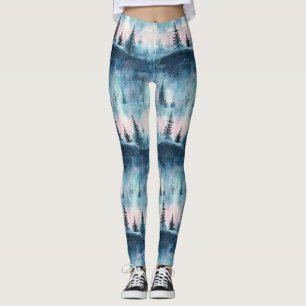 Dark Aurora Borealis Night Forest Leggings
