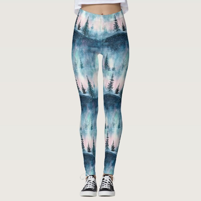 Dark Aurora Borealis Night Forest Leggings (Front)