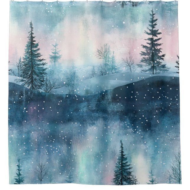Dark Aurora Borealis Night Forest Shower Curtain (Front)
