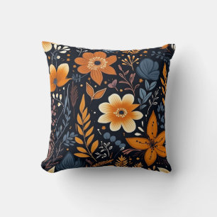 Dark Autumn Floral Pattern Orange Wildflower Fall Cushion