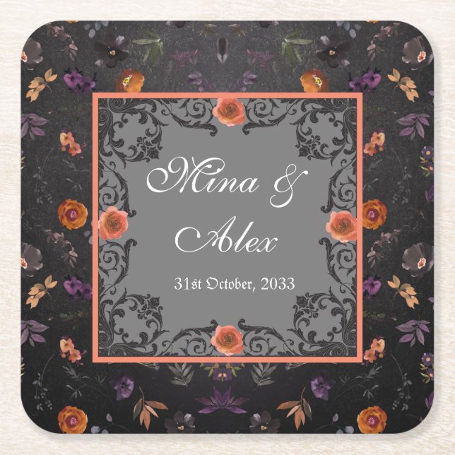 Dark Autumn Floral Personalised Wedding  Square Paper Coaster (Front)