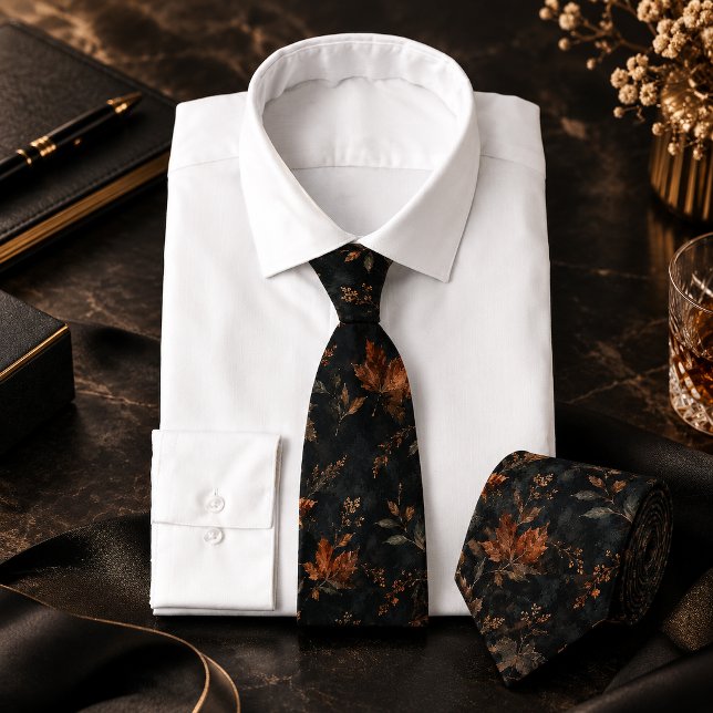 Dark Autumn Leaves Seamless Botanical Pattern Tie (Dark Autumn Leaves Seamless Botanical Pattern Neck Tie)