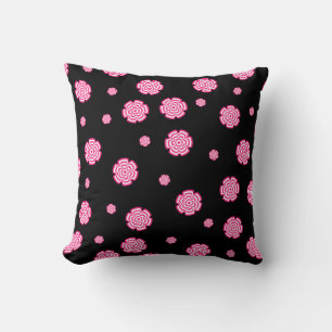 Dark background bright stylised pink flowers. abst cushion