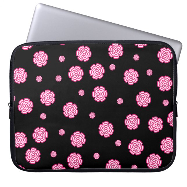 Dark background bright stylised pink flowers. abst laptop sleeve (Front)