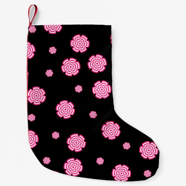 Dark background bright stylised pink flowers. abst small christmas stocking (Front)