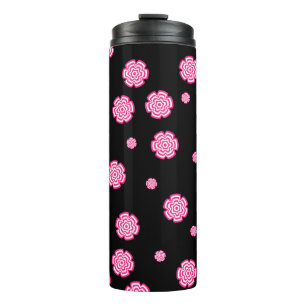 Dark background bright stylised pink flowers. abst thermal tumbler