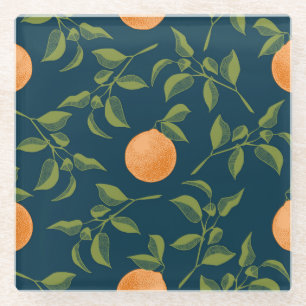 Dark Background Orange Citrus Branches Glass Coaster