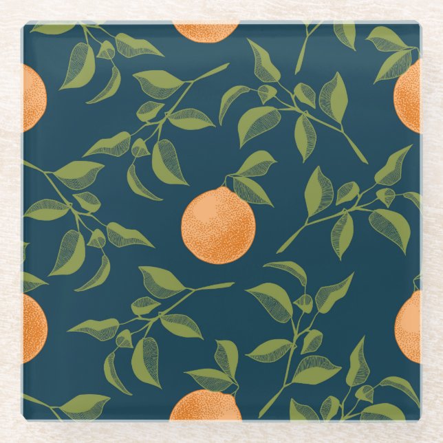 Dark Background Orange Citrus Branches Glass Coaster (Front)