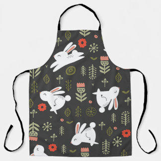 Dark background, white rabbits, floral vintage. apron